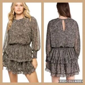 Misa Los Angeles NWT Camila Paisley Smock Waist Long Sleeve Tiered Mini Dress M